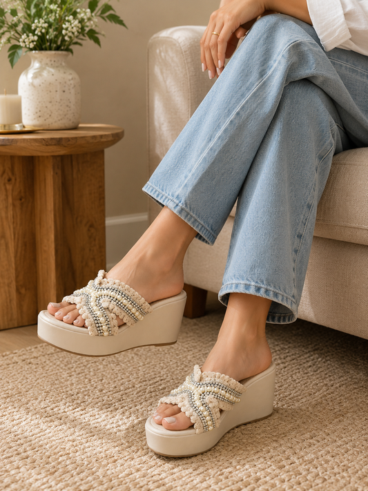 Pearl Bloom Embellished Platform Wedges | 4 Inches