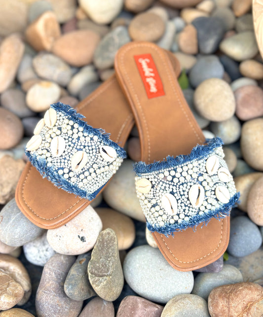 Boho Shell & Pearl Denim Slides