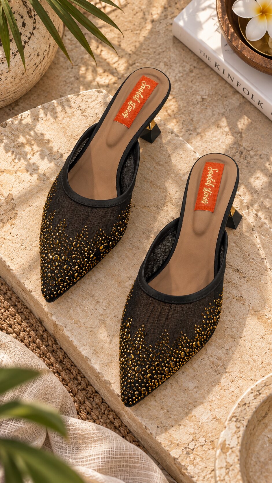 Midnight Gold Sparkle Mesh Mules | 2 Inch Kitten Heels