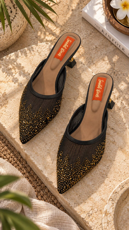 Midnight Gold Sparkle Mesh Mules | 2 Inch Kitten Heels