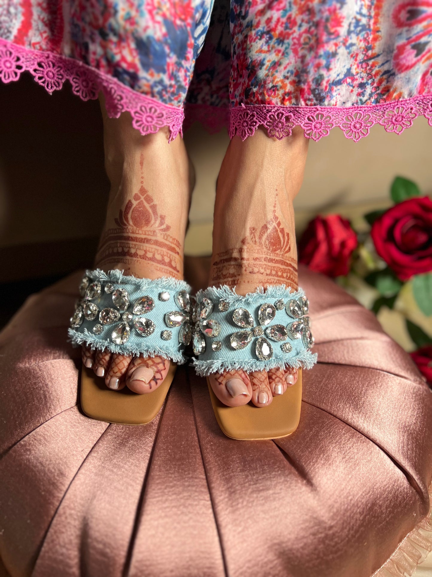 Crystal Luxe Denim Block Heel