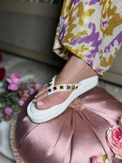 Pastel Studded White V-Shape Platforms