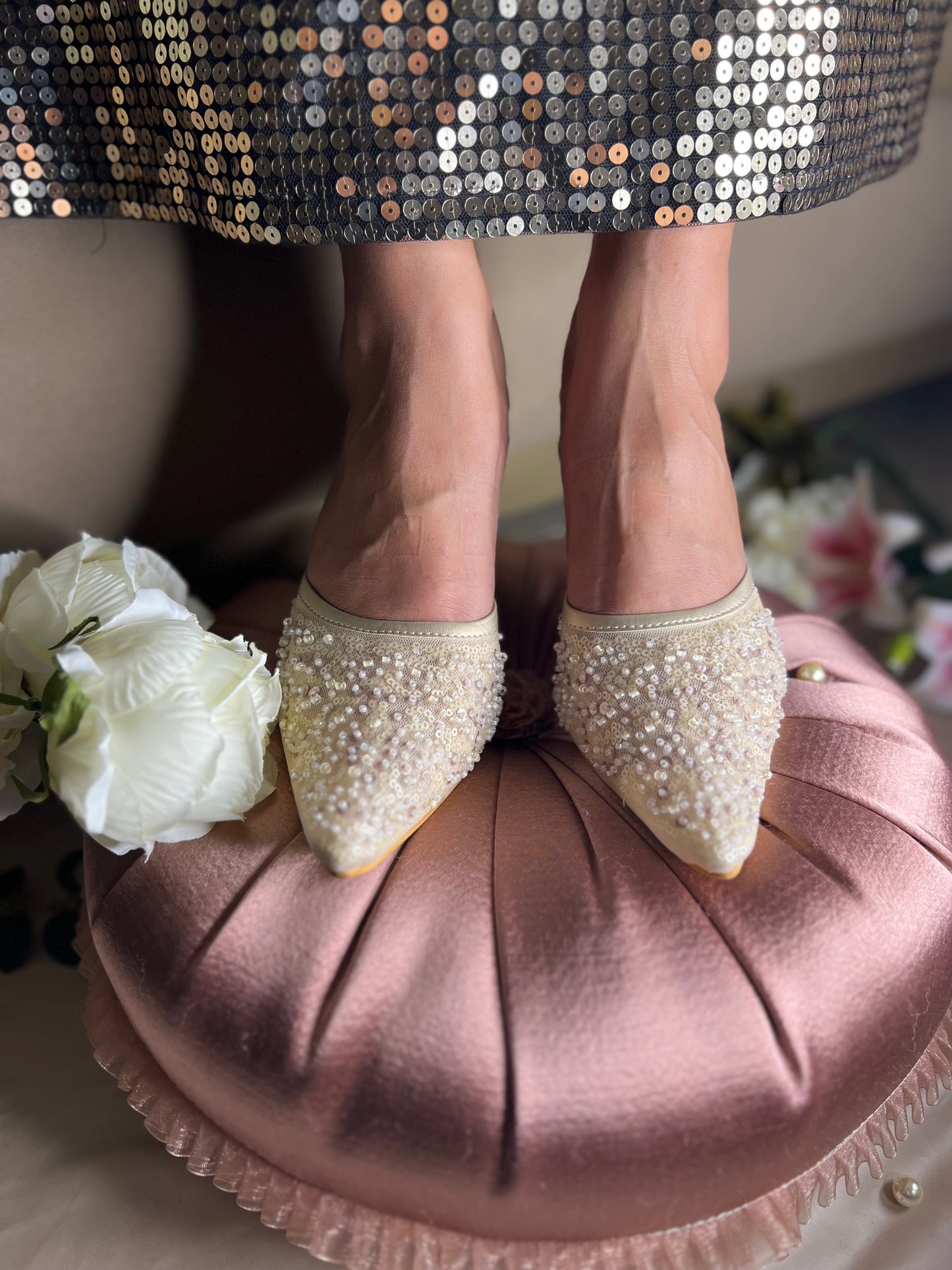 Pearl Sequin Pointed-Toe Heels