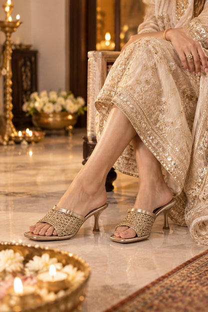 Golden Woven Luxe Block Heel | 2 Inch