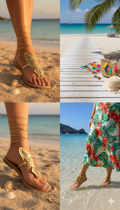 Golden 3D Butterfly Tie-Up Flats