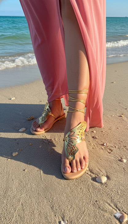 Golden 3D Butterfly Tie-Up Flats