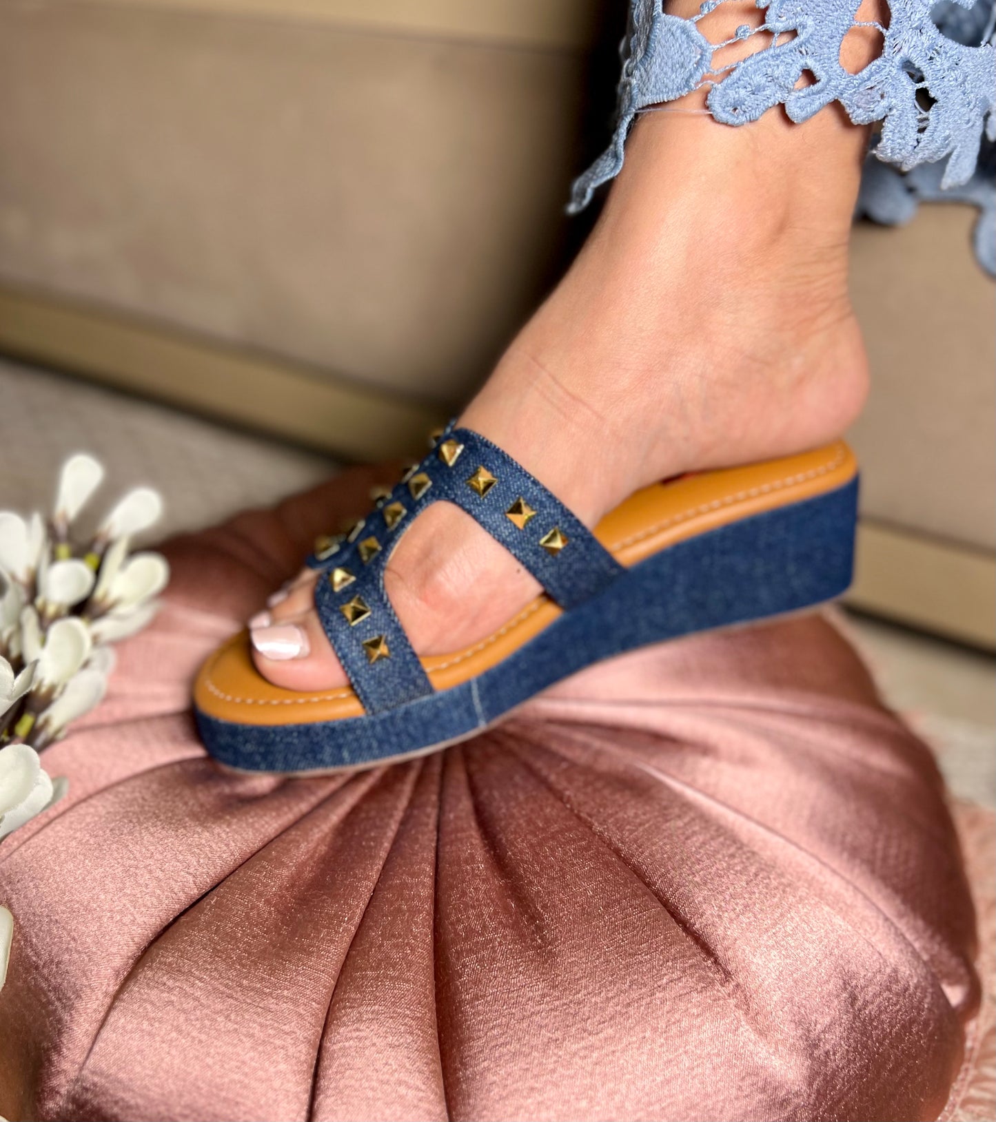 Dark Blue Denim Studded Wedges