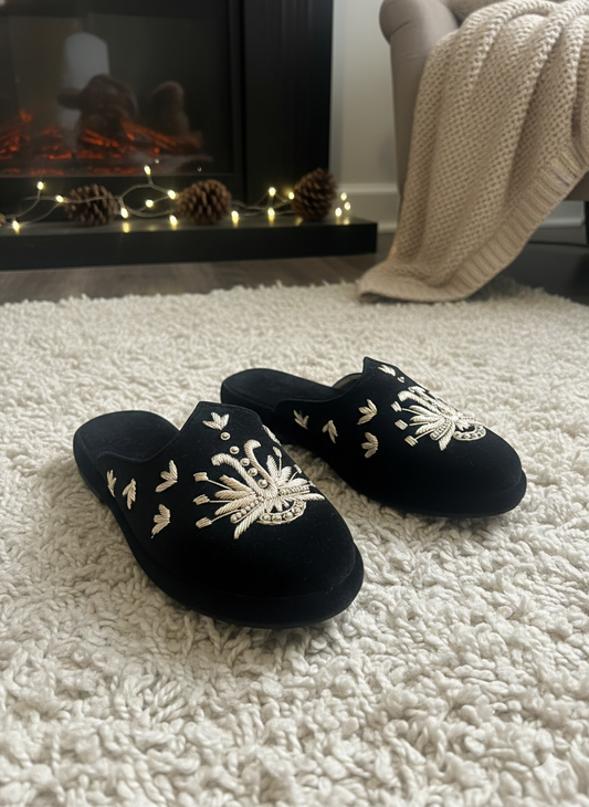 Black Velvet Embroidered Winter Mules