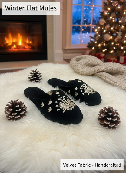 Black Velvet Embroidered Winter Mules