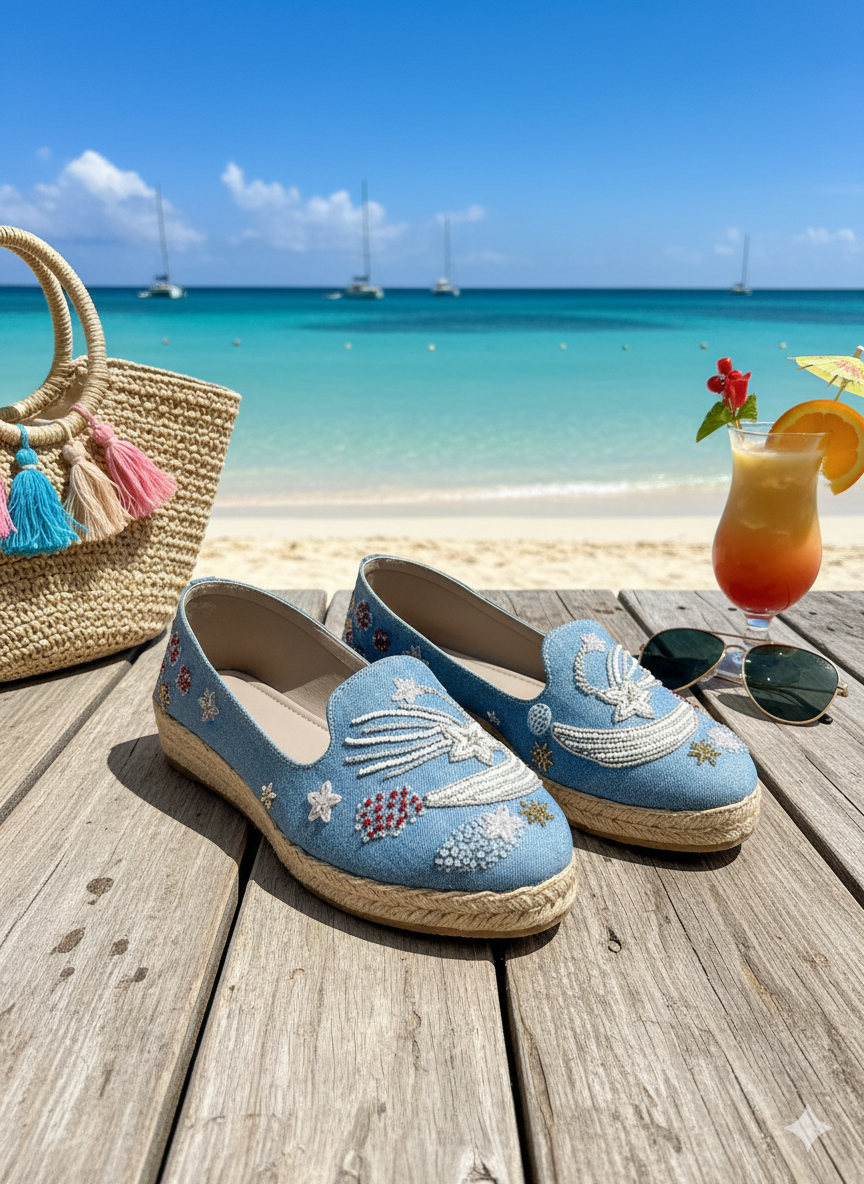 Sea Breeze Embroidered Denim Espadrilles