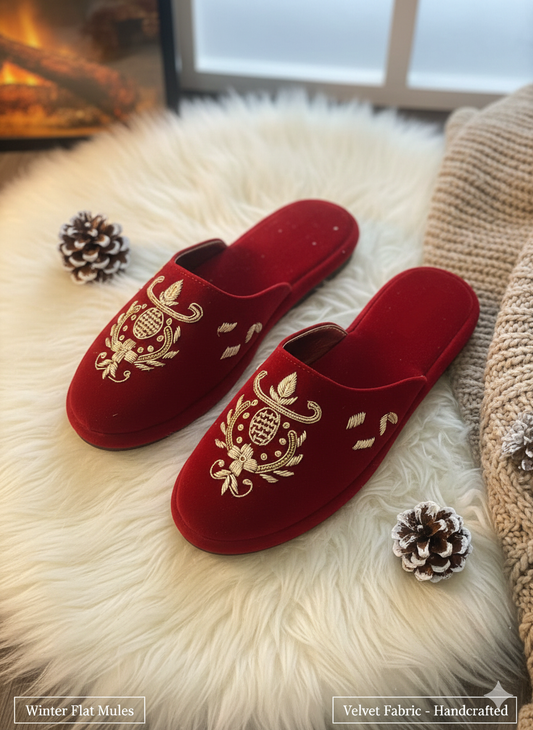 Maroon Velvet Embroidered Winter Mules