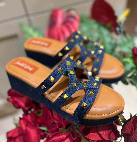 Dark Denim Studded Slip-On Wedges Sandal Stories