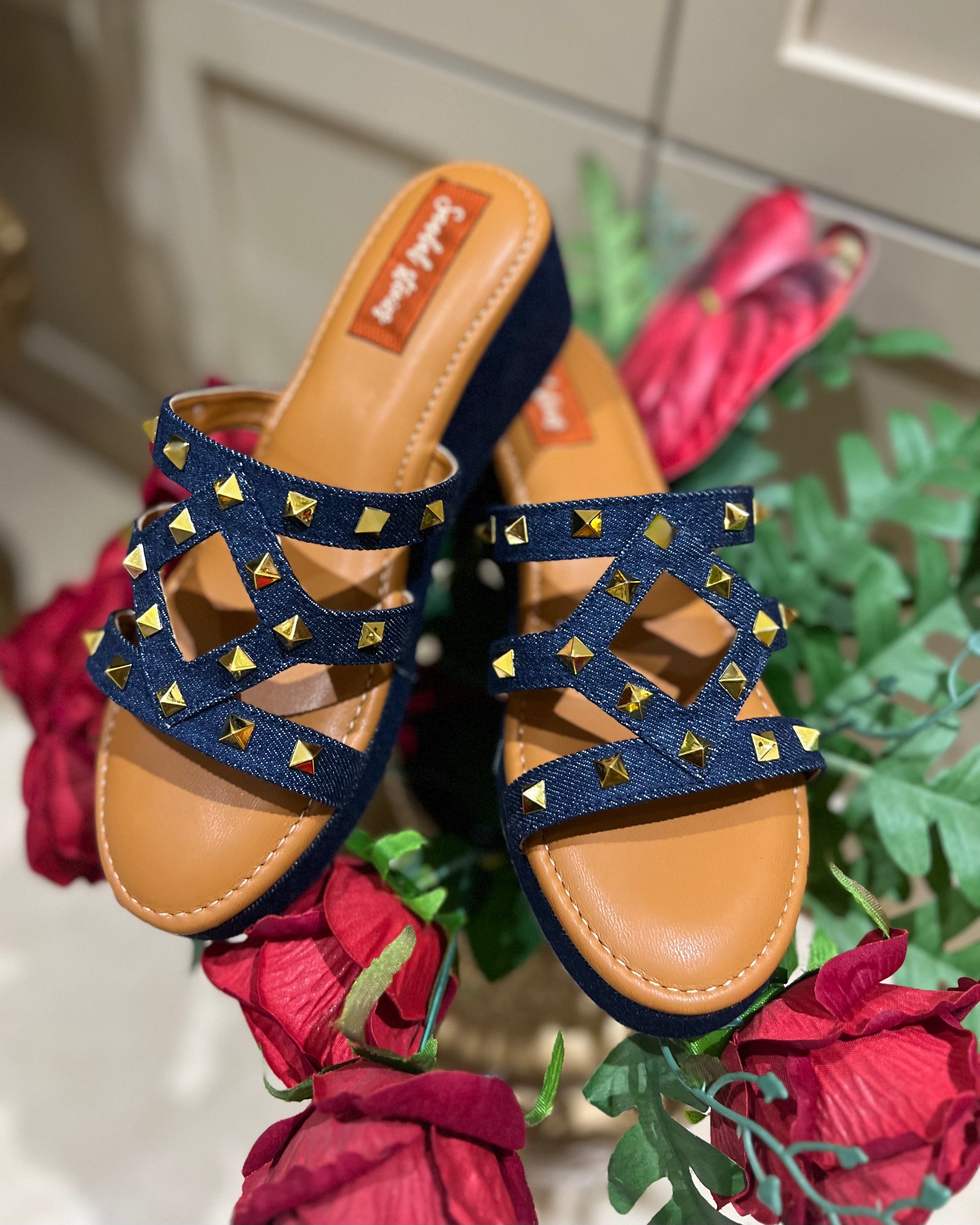 Dark Denim Studded Slip-On Wedges Sandal Stories