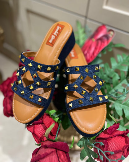 Dark Denim Studded Slip-On Wedges Sandal Stories