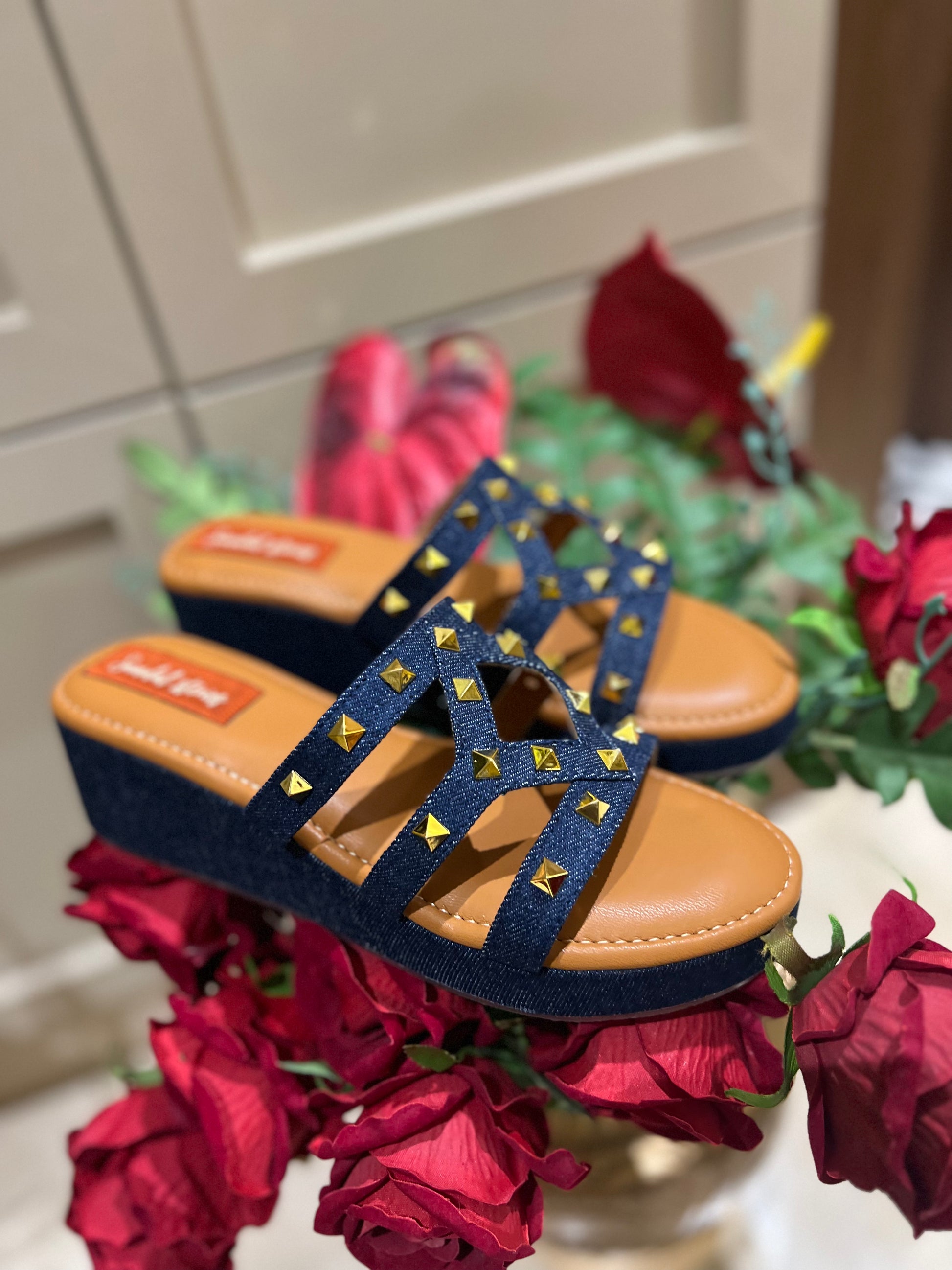 Dark Denim Studded Slip-On Wedges Sandal Stories