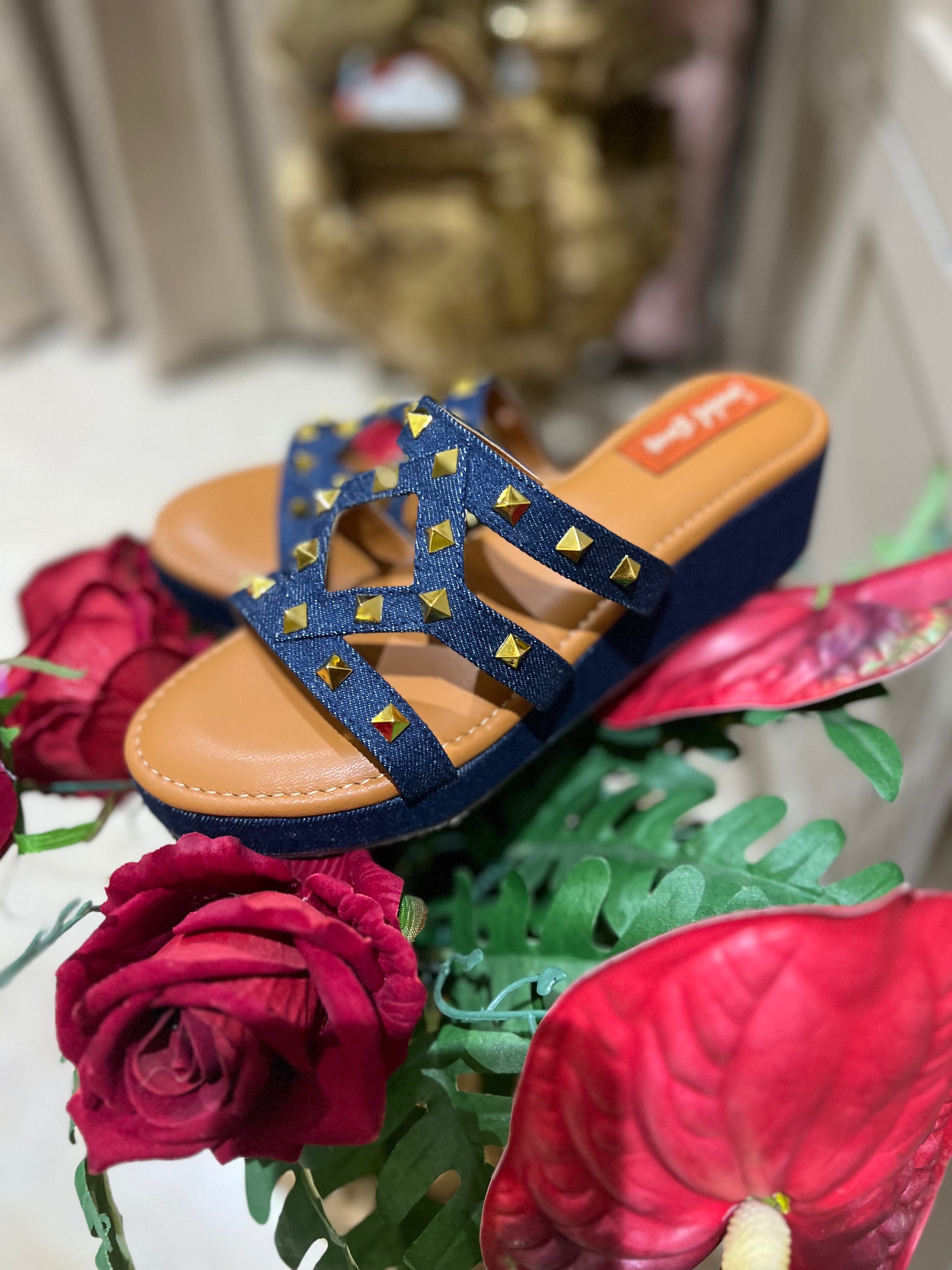 Dark Denim Studded Slip-On Wedges Sandal Stories