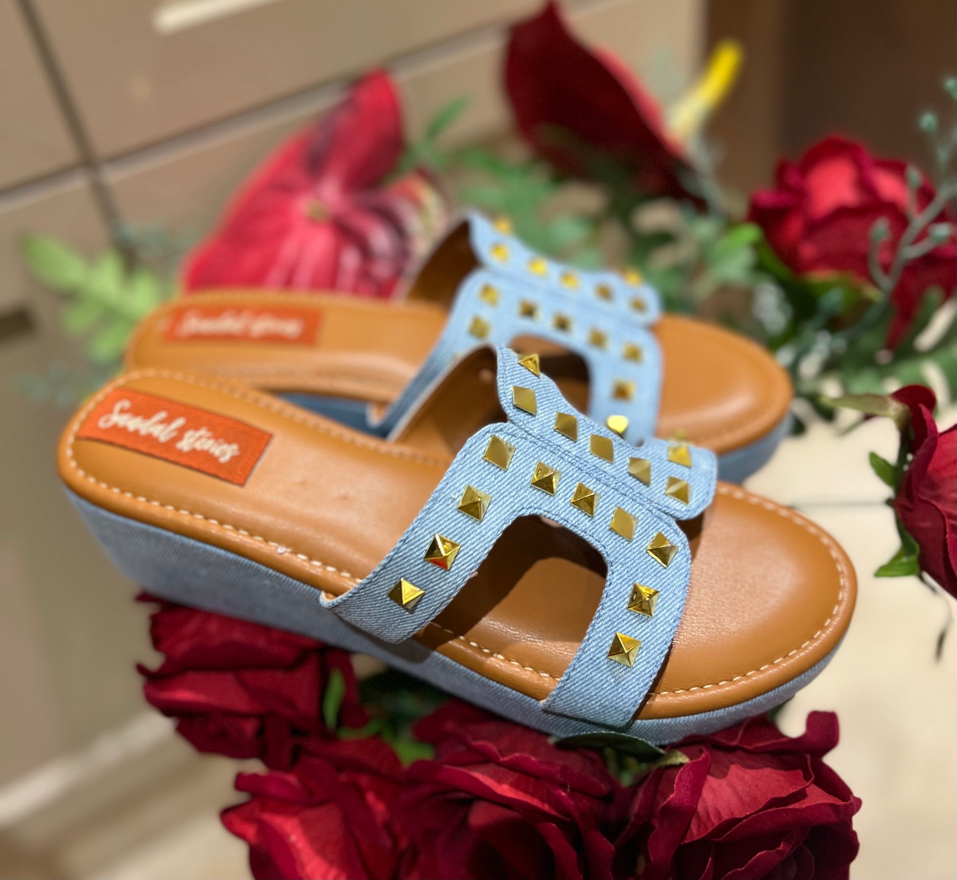 Light Blue Studded Denim Wedges Sandal Stories