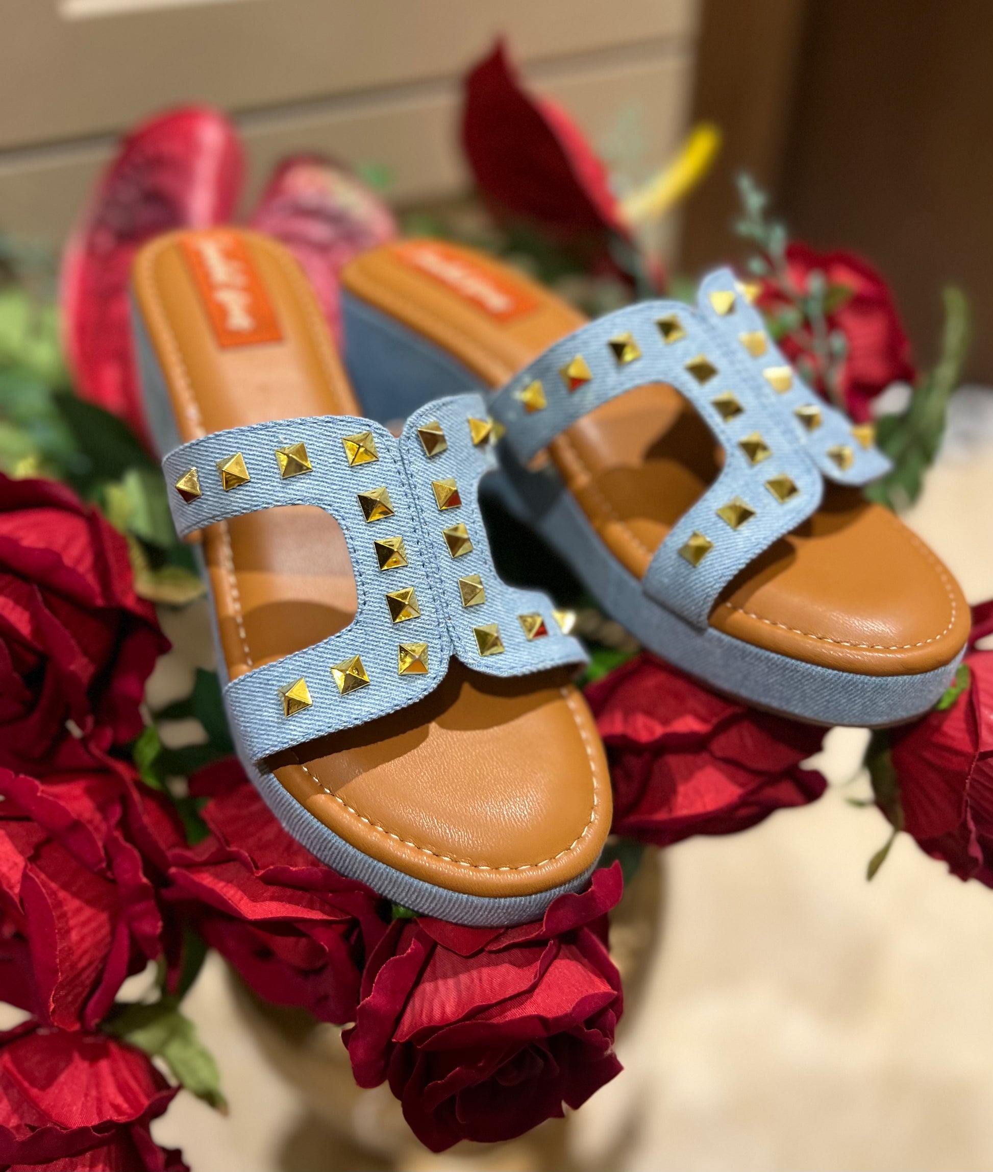 Light Blue Studded Denim Wedges Sandal Stories