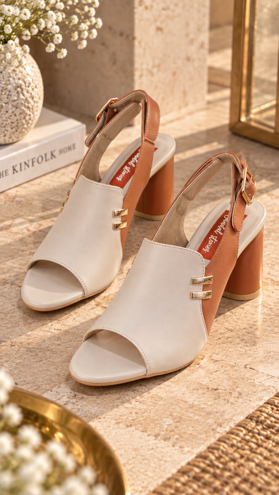 Luxe Contrast Slingback Block Heels | Ivory & Tan | 3.5 Inch