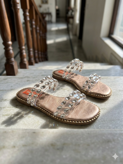 Royal Crystal Double-Strap Golden Flats