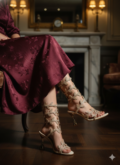 Crystal Leaf Wrap Heels| Rose Gold