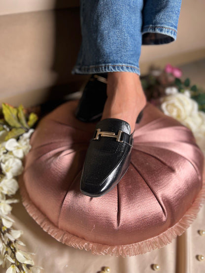 Black Croc-Texture Buckle Mules