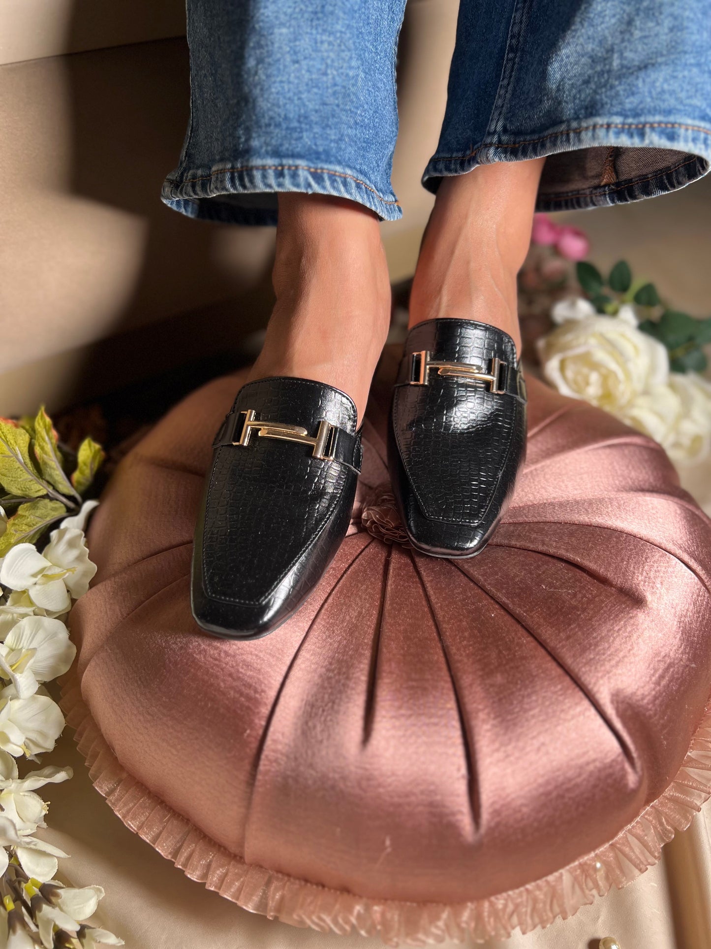 Black Croc-Texture Buckle Mules