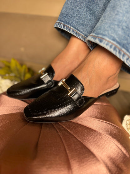 Black Croc-Texture Buckle Mules