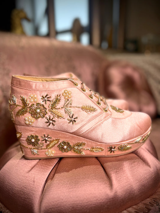 Blush Pink Embroidered Wedge Sneakers