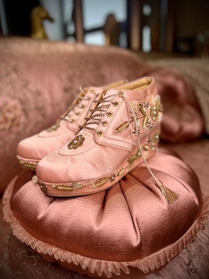 Blush Pink Embroidered Wedge Sneakers