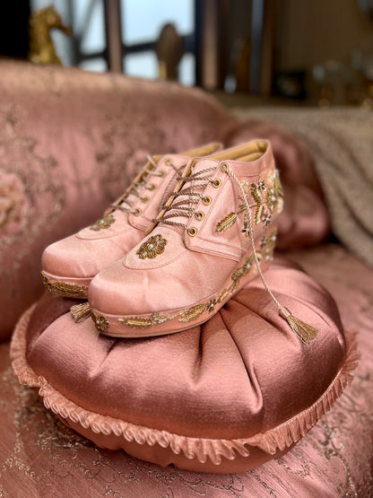 Blush Pink Embroidered Wedge Sneakers