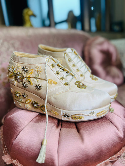 Champagne Gold Embroidered Wedge Sneakers