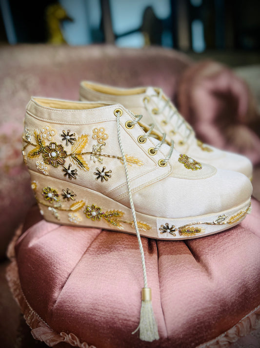 Champagne Gold Embroidered Wedge Sneakers