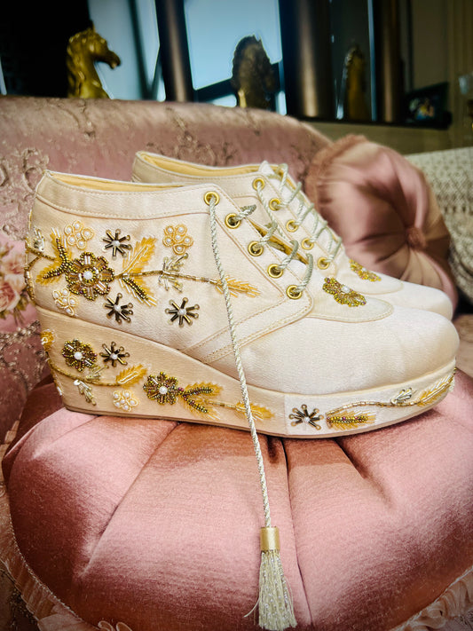 Champagne Gold Embroidered Wedge Sneakers