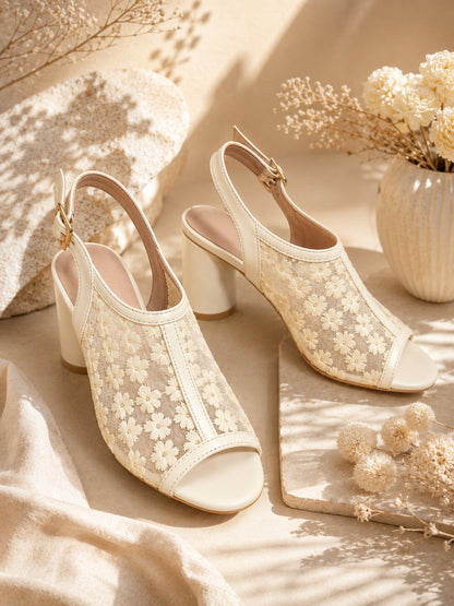 Ivory Bloom Embroidered Block Heels - 3 Inch