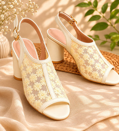 Ivory Bloom Embroidered Block Heels - 3 Inch