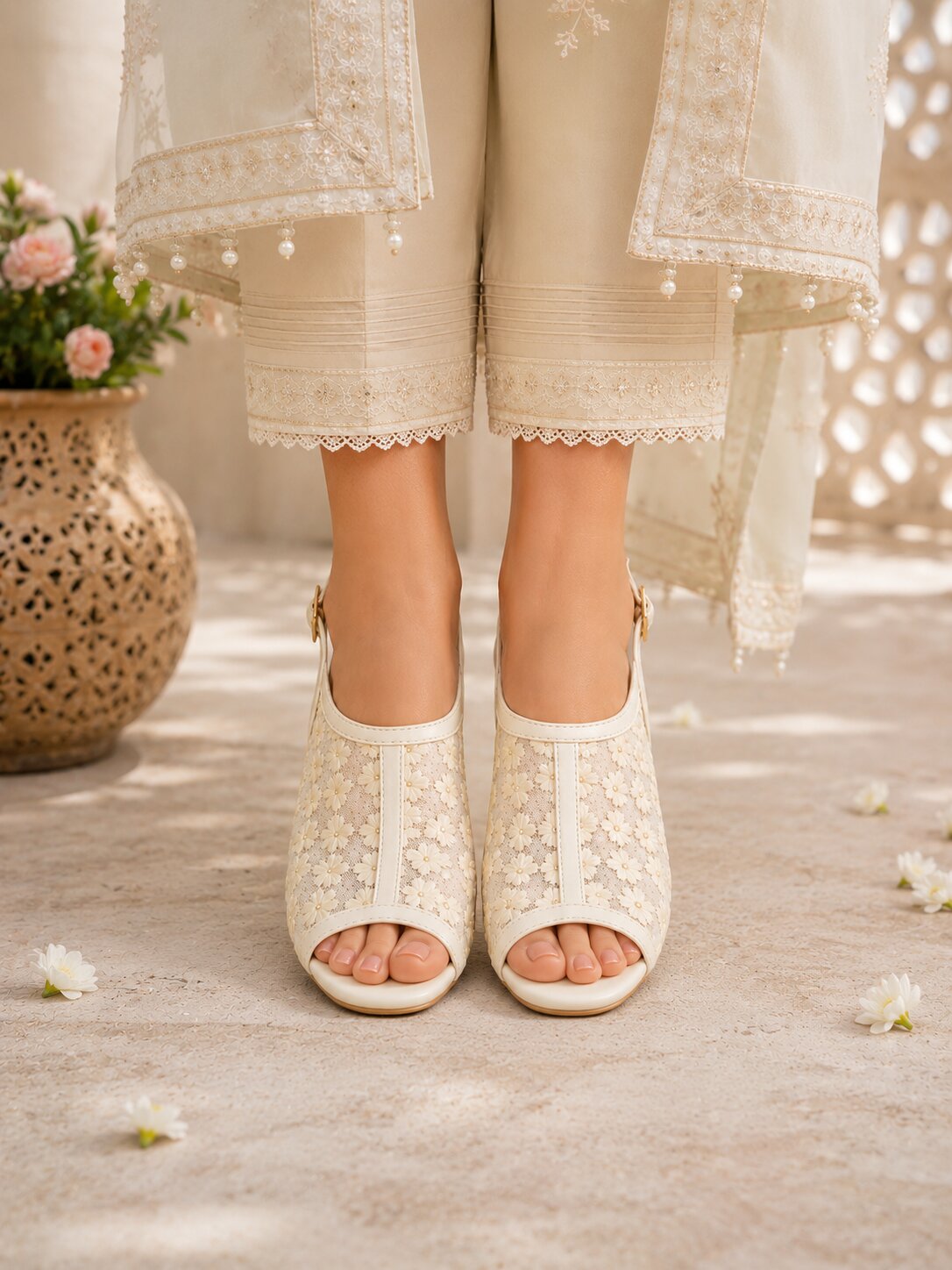 Ivory Bloom Embroidered Block Heels - 3 Inch