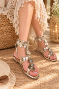 3D Flower Champagne Gold Crystal Gladiator Flats