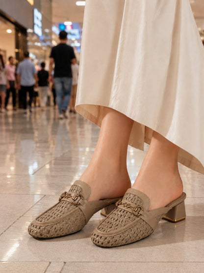 Luxe Woven Taupe Block Heel Mules