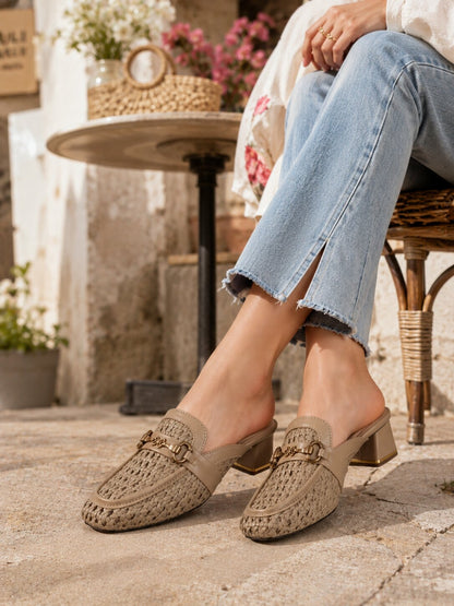 Luxe Woven Taupe Block Heel Mules