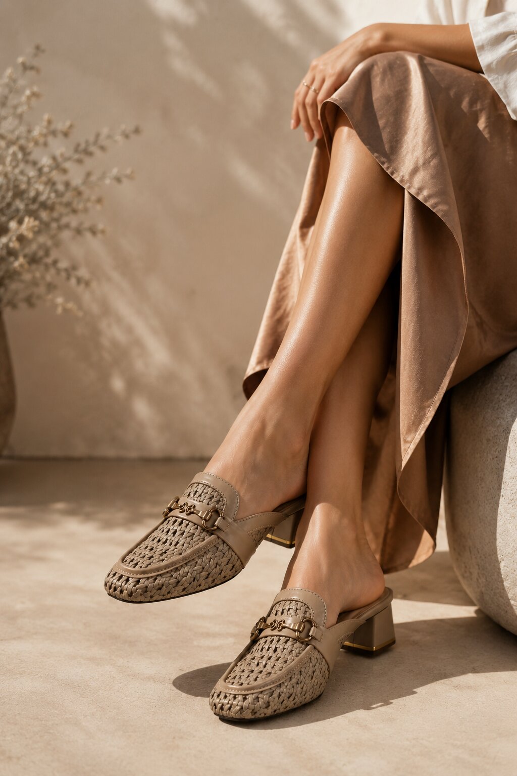 Luxe Woven Taupe Block Heel Mules
