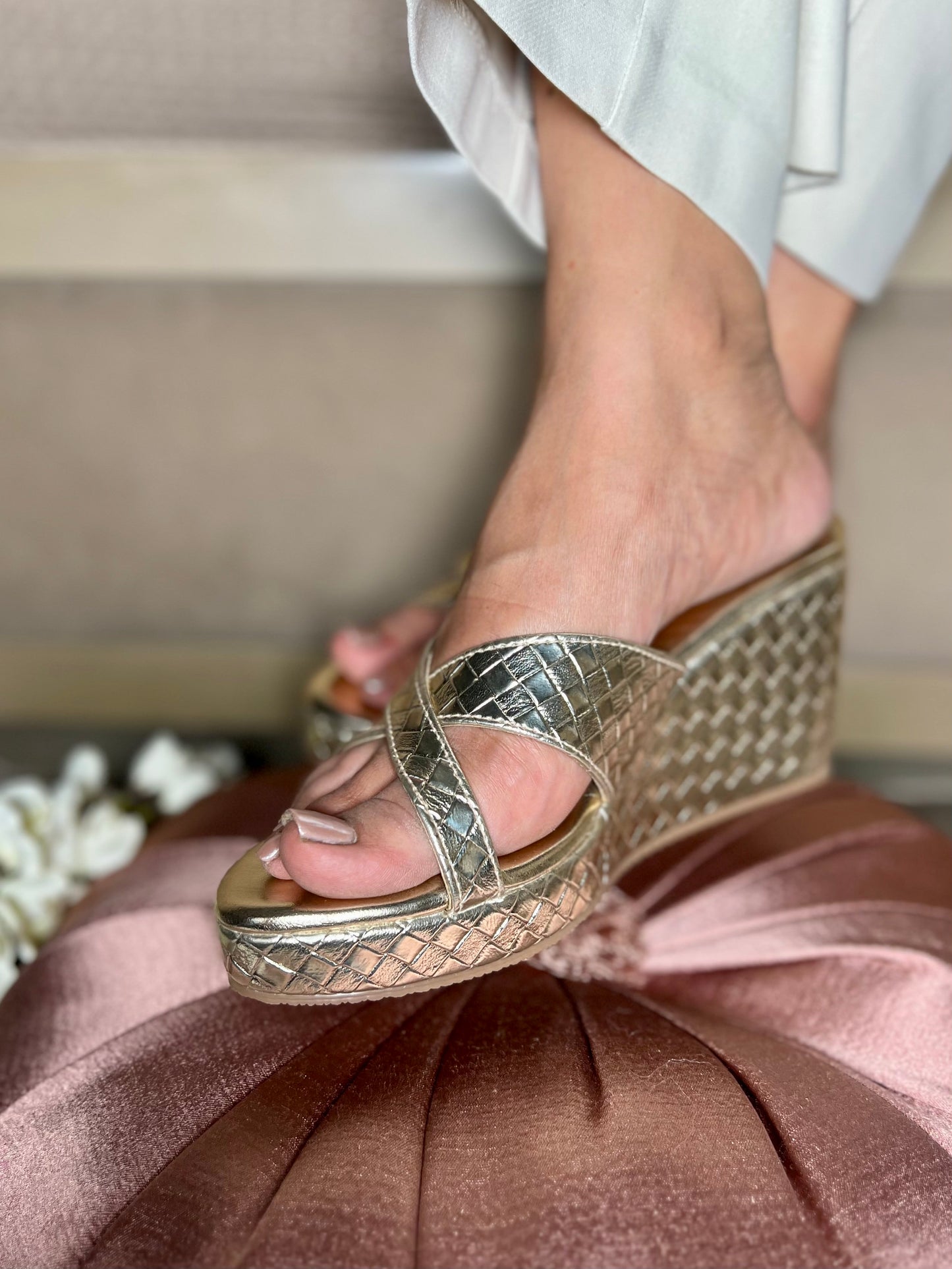 Zari Gold Criss-Cross Wedges