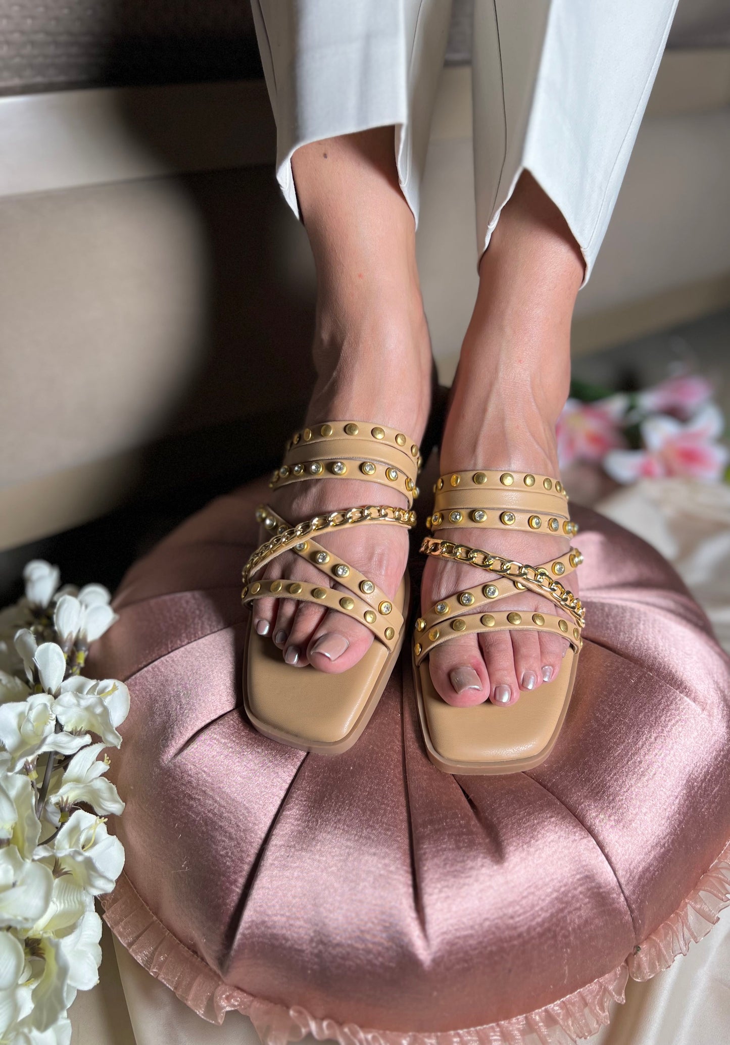Golden Studded Cross-Strap Flats