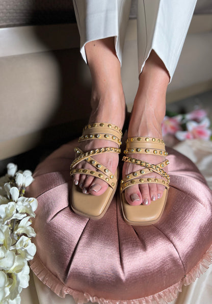 Golden Studded Cross-Strap Flats