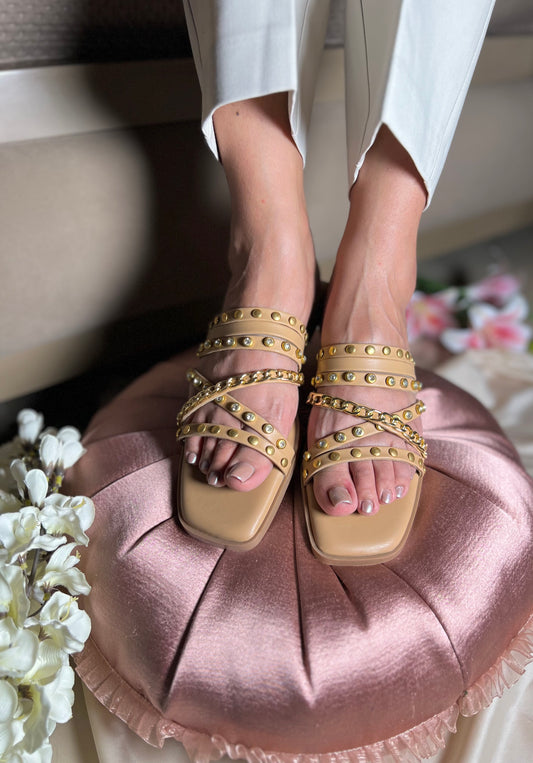 Golden Studded Cross-Strap Flats