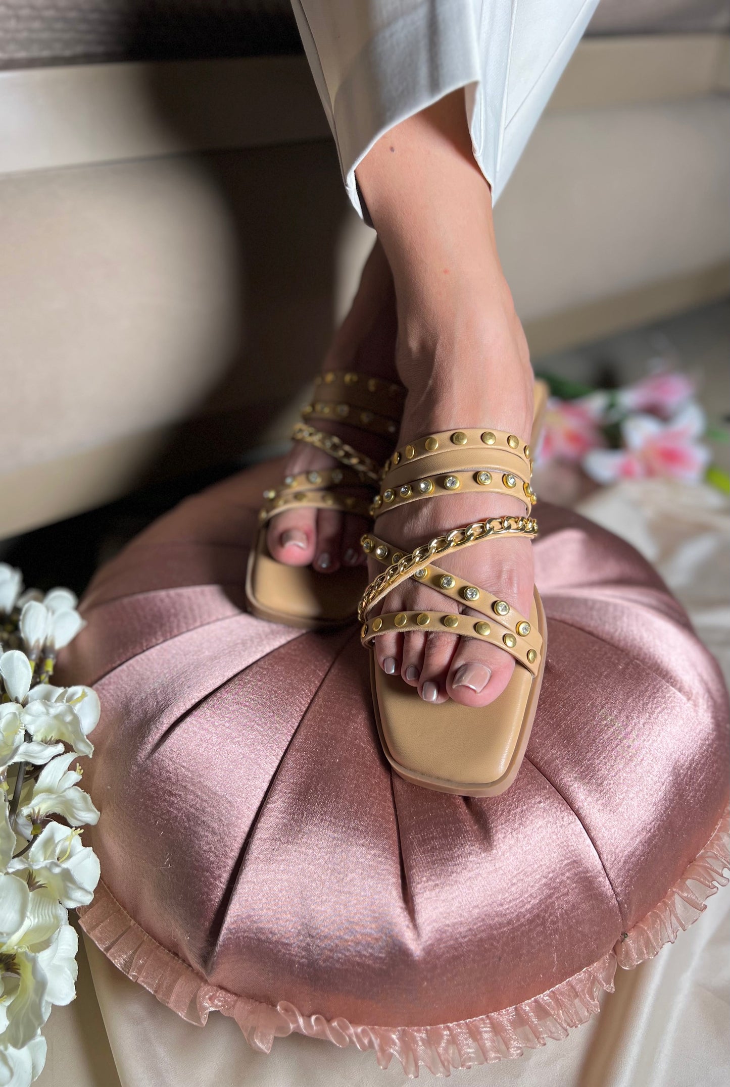 Golden Studded Cross-Strap Flats