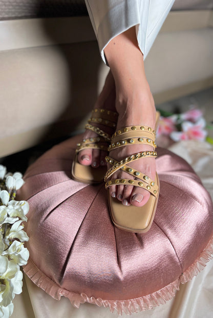 Golden Studded Cross-Strap Flats
