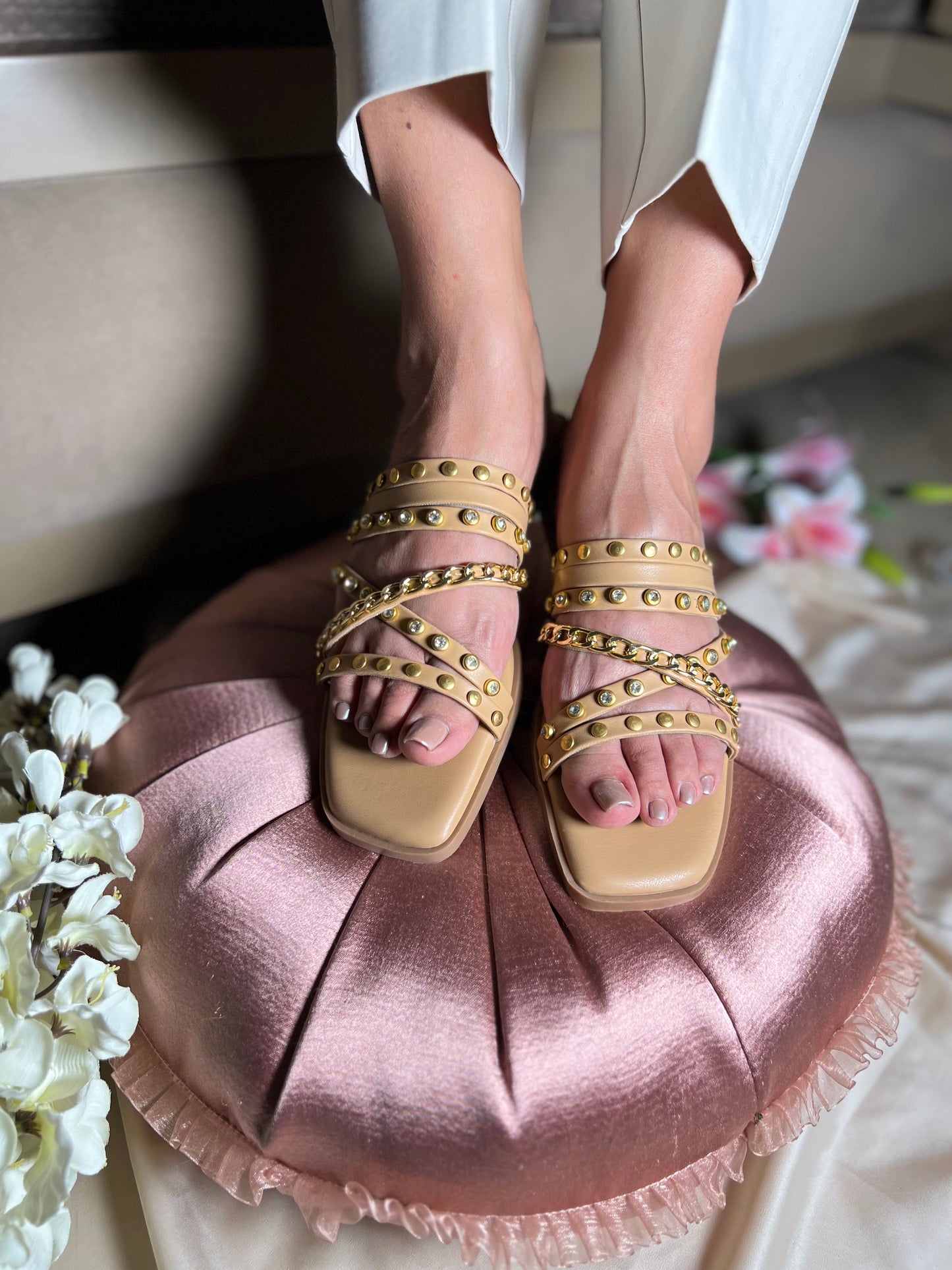 Golden Studded Cross-Strap Flats