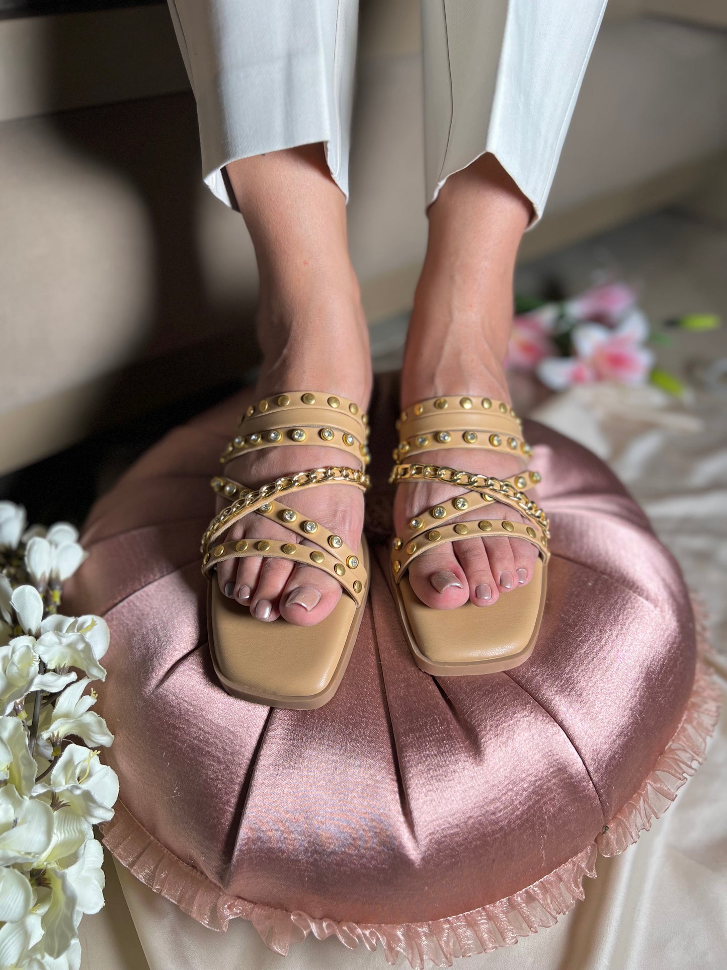 Golden Studded Cross-Strap Flats