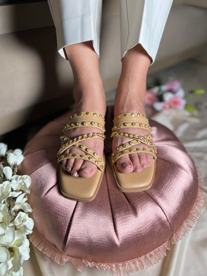 Golden Studded Cross-Strap Flats